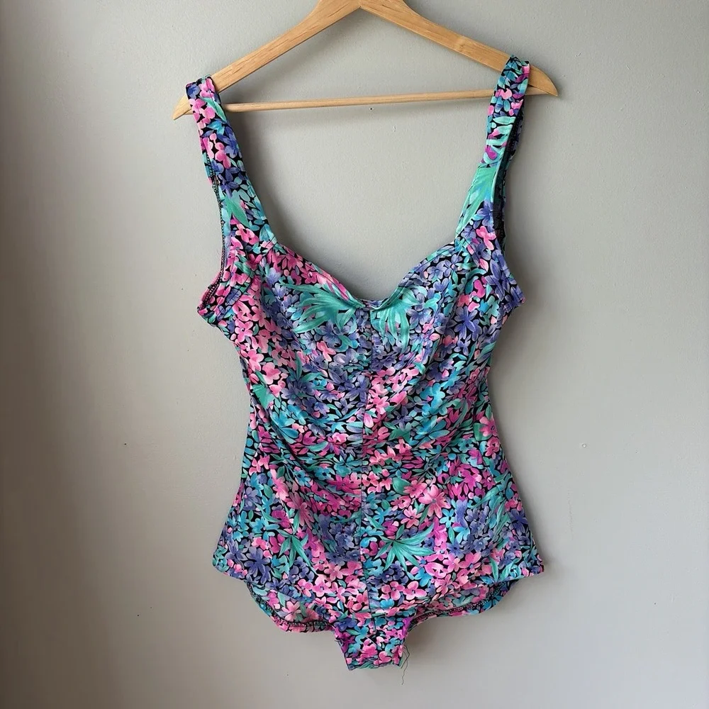 Vintage Maxine of Hollywood Womens Sz 16 Vintage One Piece Swim Suit Pink Floral